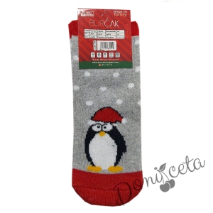 Коледни детски термо чорапи в сиво с пингинче