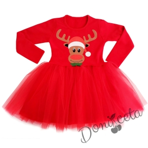 Коледна ватирана детска рокля с тюл в червено и елен