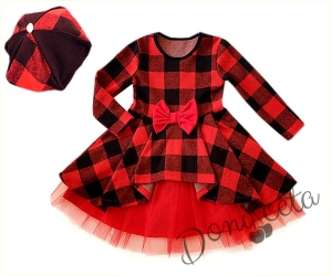 Детска рокличка в червено каре и черно с тюл и барета