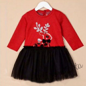 Коледна детска рокля с дълъг ръкав в червено с еленче и тюл в черно