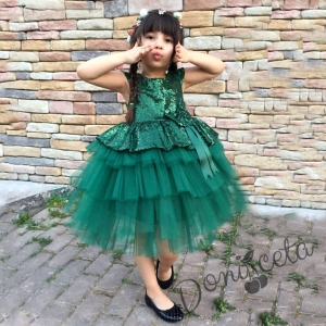 Официална детска рокля в зелено от пайети и тюл на пластове Валериа