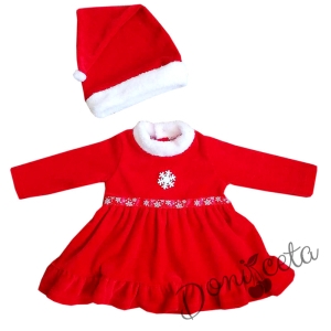 Коледна бебешка рокличка плюш в червено с шапчица