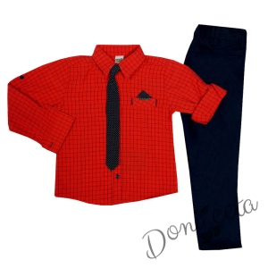 Комплект от риза с дълъг ръкав в червено за момче и панталон