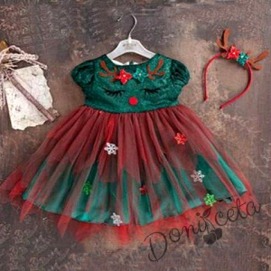 Коледна детска рокля в зелено с интересна картинка и тюл