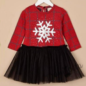 Детска рокличка в червено със снежинка и черен тюл