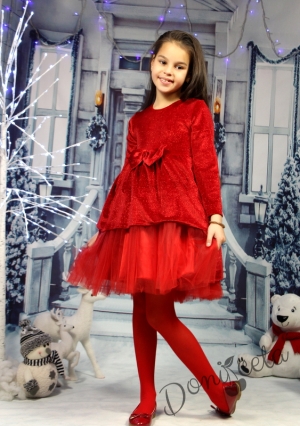 Коледна детска рокля с дълъг ръкав и блясък с тюл