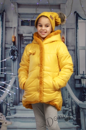 Зимно детско яке с качулка в цвят горчица