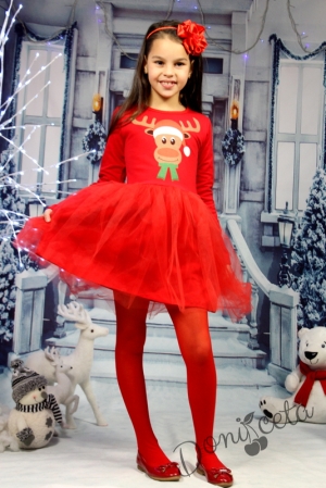 Коледна детска рокля с тюл в червено и еленче