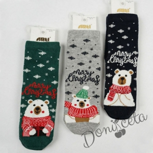 Коледни детски чорапки в сиво с меченце