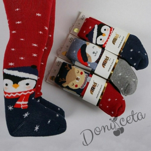 Коледен бебешки чорапогащник с пингвин в червено