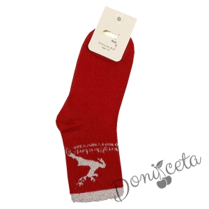 Коледни детски чорапки с елен и надпис в червено