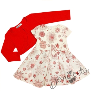Бебешка коледна рокля в бяло със снежинки и болеро в червено