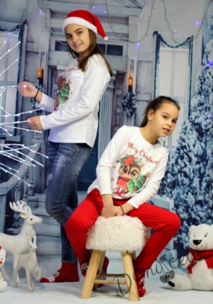 Коледна детска блуза с дълъг ръкав в бяло с бухалче