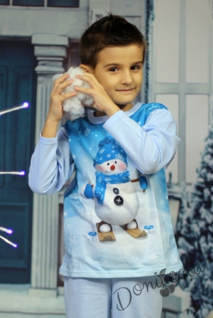 Пижама за Коледа със снежен човек в светлосиньо