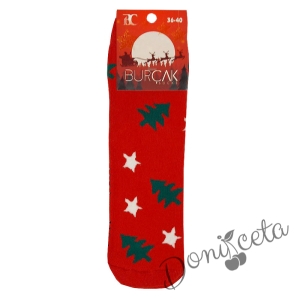 Коледни детски термо чорапки в червено с елхички