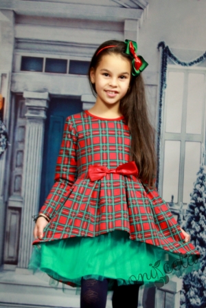 Коледна официална детска рокля в каре с дълъг ръкав и тюл в зелено