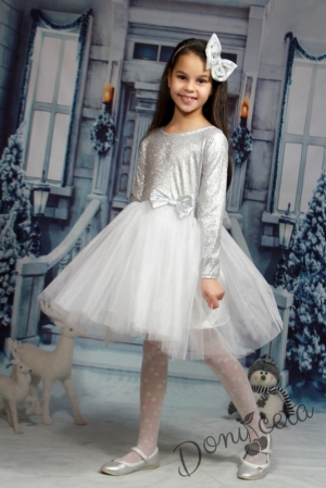 Детска официална рокля с дълъг ръкав и тюл в сребристо