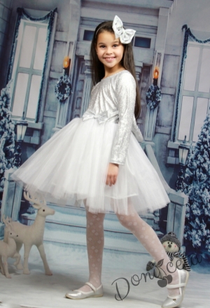 Детска официална рокля с дълъг ръкав и тюл в сребристо