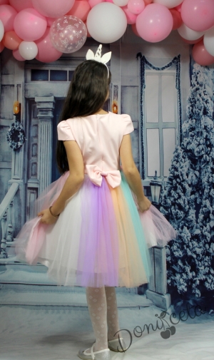 Детска рокля без ръкав с Пони/Еднорог в розово с шарен тюл и диадема