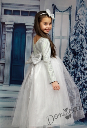 Официална дълга детска рокля с дълъг ръкав в сребристо с тюл