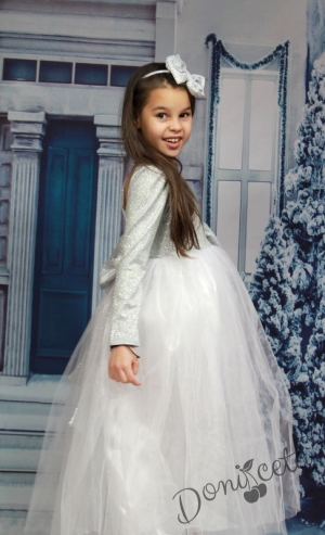 Официална дълга детска рокля с дълъг ръкав в сребристо с тюл
