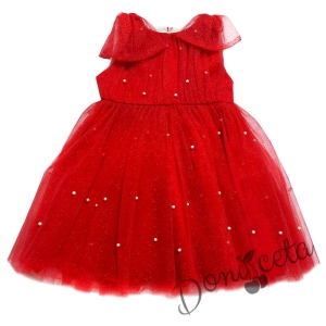 Детска/бебешка рокля без ръкав в червено  с тюл и перлички