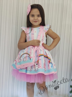 Детска официална рокля с къс ръкав в розово с Пони/Еднорог и чантичка