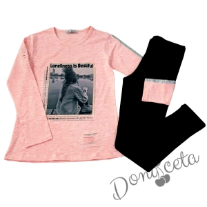 Комплект за момиче  в блуза/туника в розово и черно