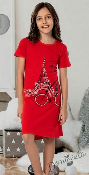 Детска нощница с къс ръкав в червено с мотиви на Париж