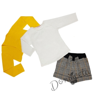Комплект от 3 части от детска блуза с дълъг ръкав в бяло, къси панталони в каре и болеро в горчица