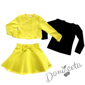 Комплект от 3 части-детска кожена пола  в жълто, блузка в черно и кожено яке