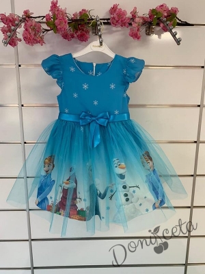 Детска официална рокля с къс ръкав с Анна и Елза в светлосиньо