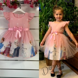 Детска официална рокля с къс ръкав с Анна и Елза в розово