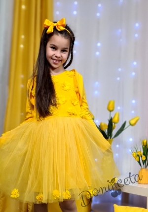 Детска официална рокля с тюл  в жълто с 3D рози и болеро 8699967