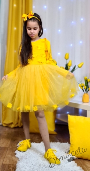 Детска официална рокля с тюл  в жълто с 3D рози и болеро 8699967