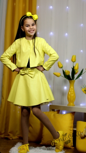 Комплект Мелания от 3 части- кожена пола, тениска в черно и кожено яке в жълто