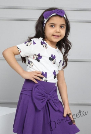 Детски комплект с къс ръкав в бяло с Мини Маус,поличка в лилаво и лента за коса