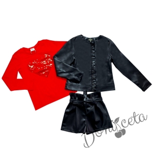 Комплект от 3 части- къси кожени панталони, блуза в червено и кожено яке с цип в черно