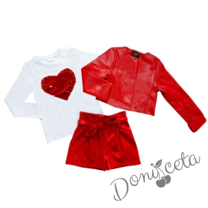 Комплект от 3 части- къси кожени панталони, блузка в бяло и кожено яке в червено
