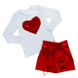 Комплект от детска блузка в бяло и кожени панталони в червено