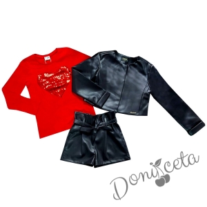 Комплект от 3 части- къси кожени панталони, блузка в червено и кожено яке в черно