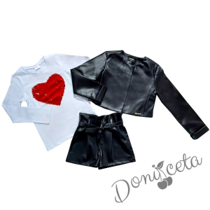 Комплект от 3 части- къси кожени панталони, блузка в бяло и кожено яке в черно