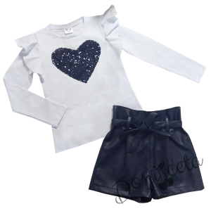 Комплект Contrast от детска блузка в бяло и кожени панталони в тъмносиньо