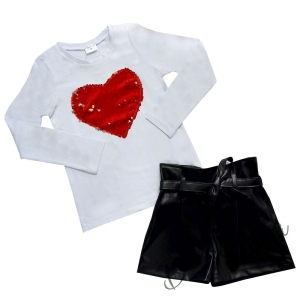 Комплект от детска блузка в бяло и кожени панталони в черно