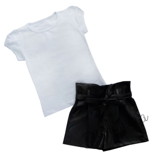Комплект от детска тениска в бяло и кожени панталони в черно