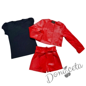 Комплект Дивна от 3 части- къси кожени панталони, тениска и кожено яке в червено
