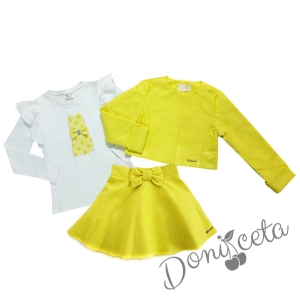 Комплект от 3 части-детска кожена пола  в жълто, блузка в екрю и кожено яке