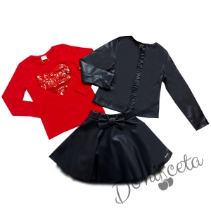 Комплект от 3 части- кожена пола, блуза в червено и кожено яке с цип в черно