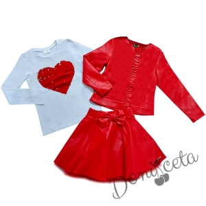 Комплект от 3 части- кожена пола, блуза в бяло със сърце и кожено яке с цип в червено