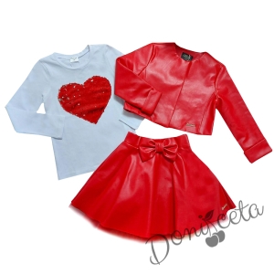 Комплект от 3 части-детска кожена пола  в червено, блузка със сърце и кожено яке